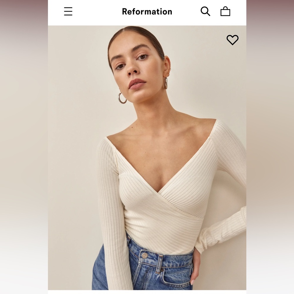 Reformation Minnie Knit long sleeve deep V ribbed Top - Small - Ivory